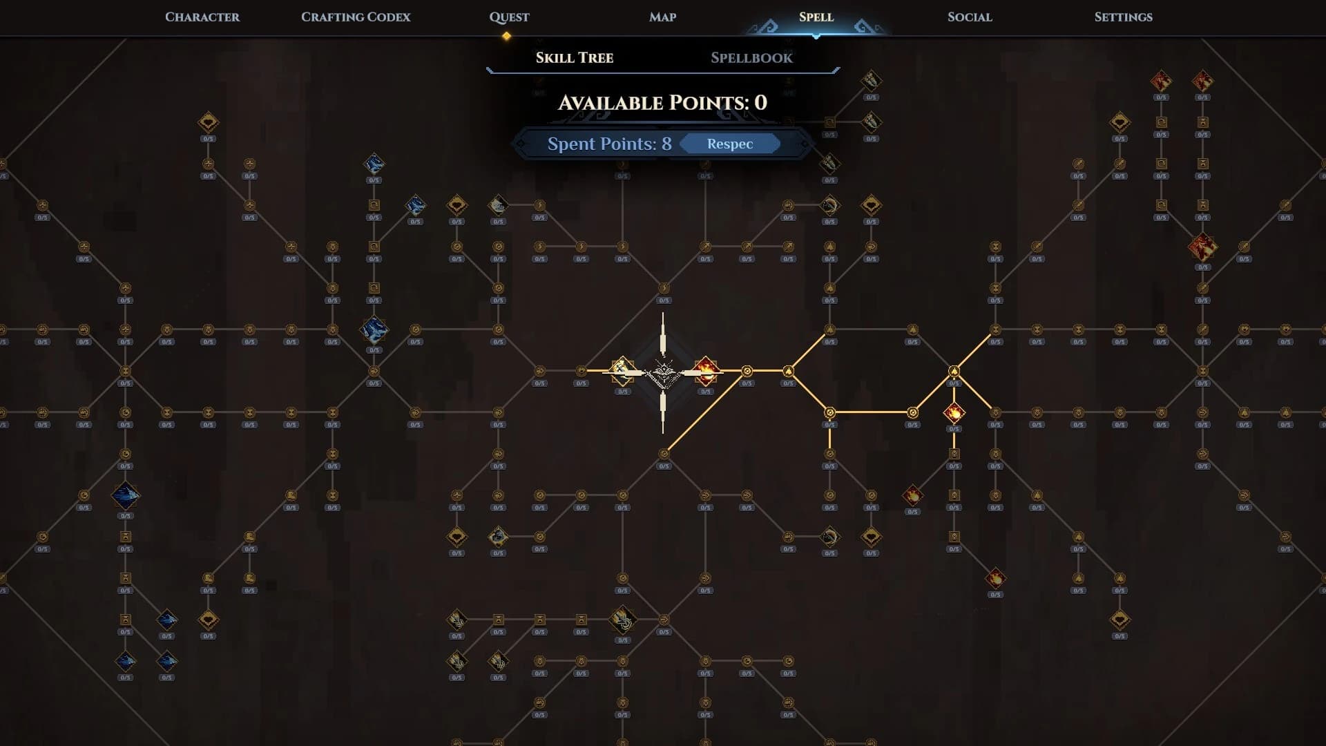 Dimraeth official in-game skill tree and respec progression interface