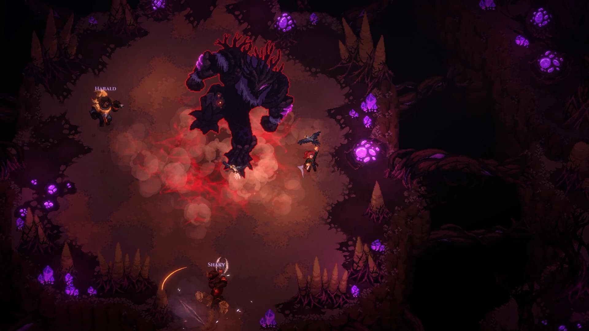 Dimraeth co-op party battling massive cavern dungeon boss