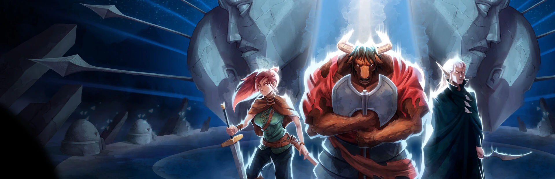 Dimraeth official Steam key art with Human, Minotaur, and Elf heroes