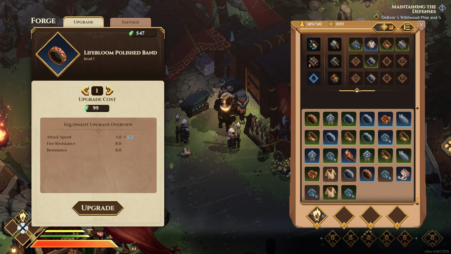 Dimraeth forge upgrade screen and character inventory