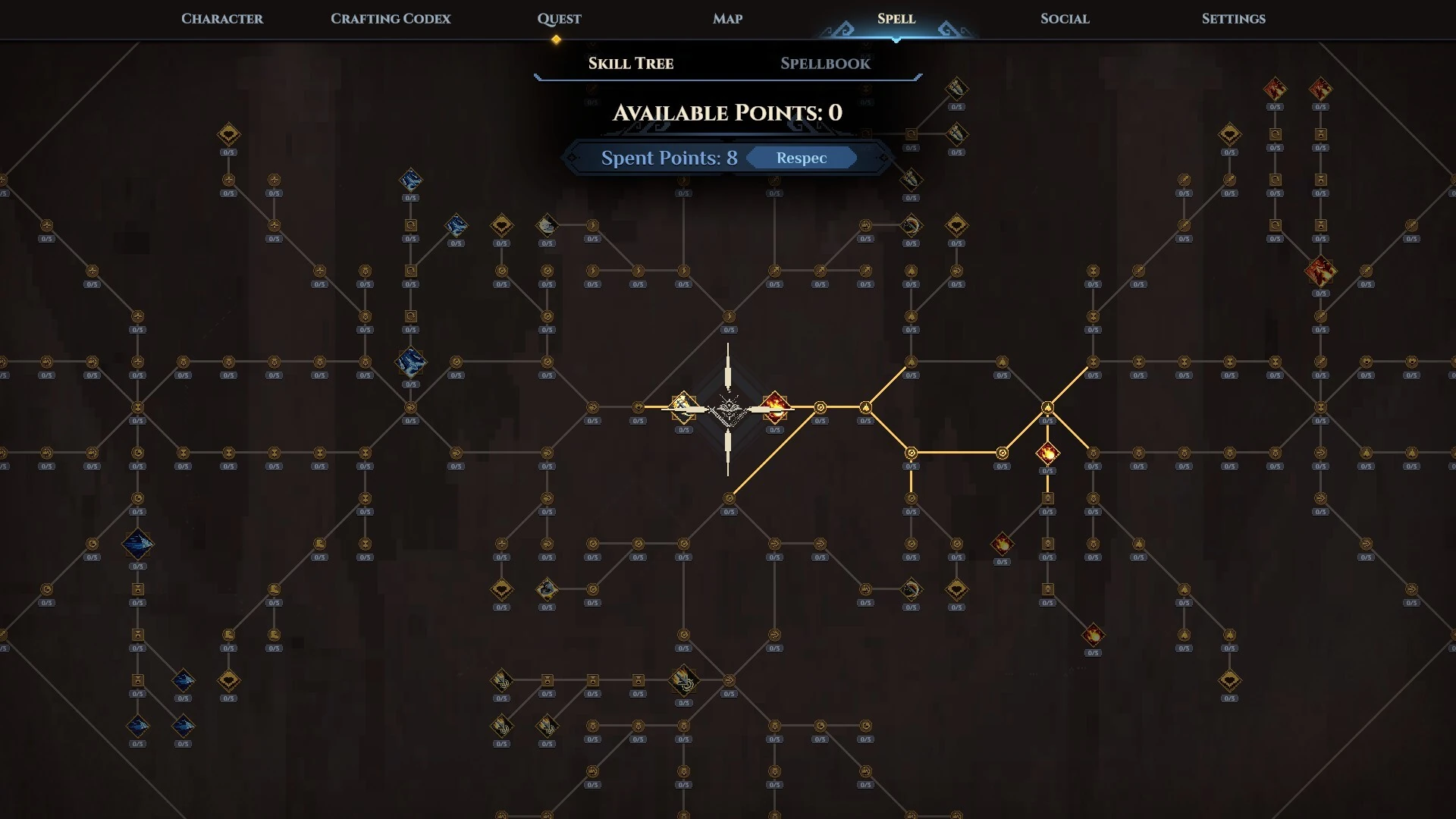 Dimraeth character skill tree and build interface