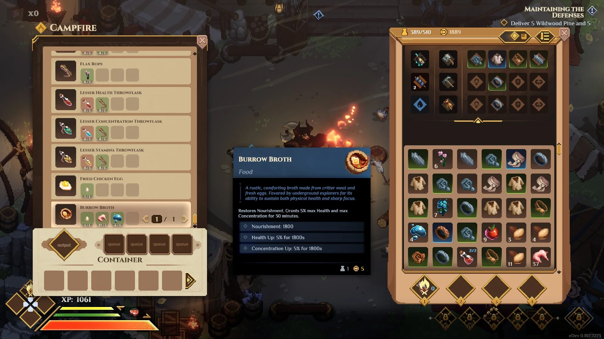 Dimraeth campfire crafting menu and character inventory