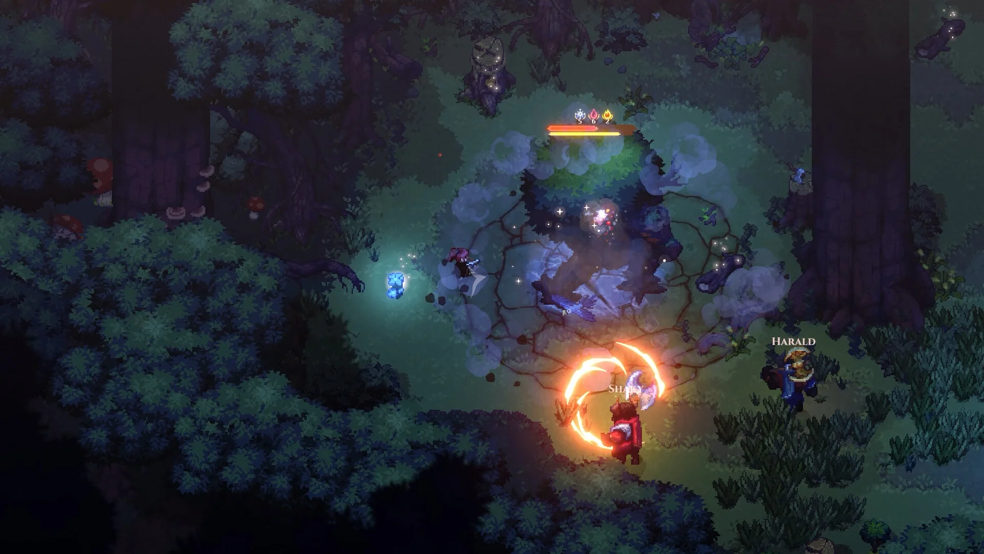 Dimraeth party using magic against an enemy in the forest